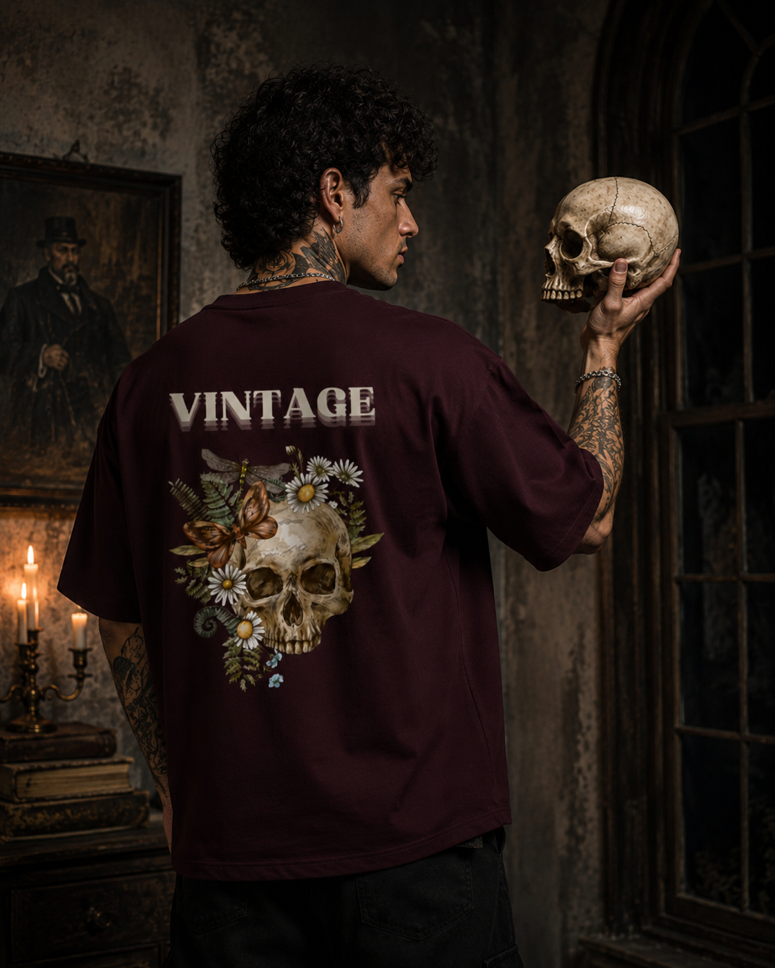 Vintage Skull Floral Graphic Terry Oversized Tee