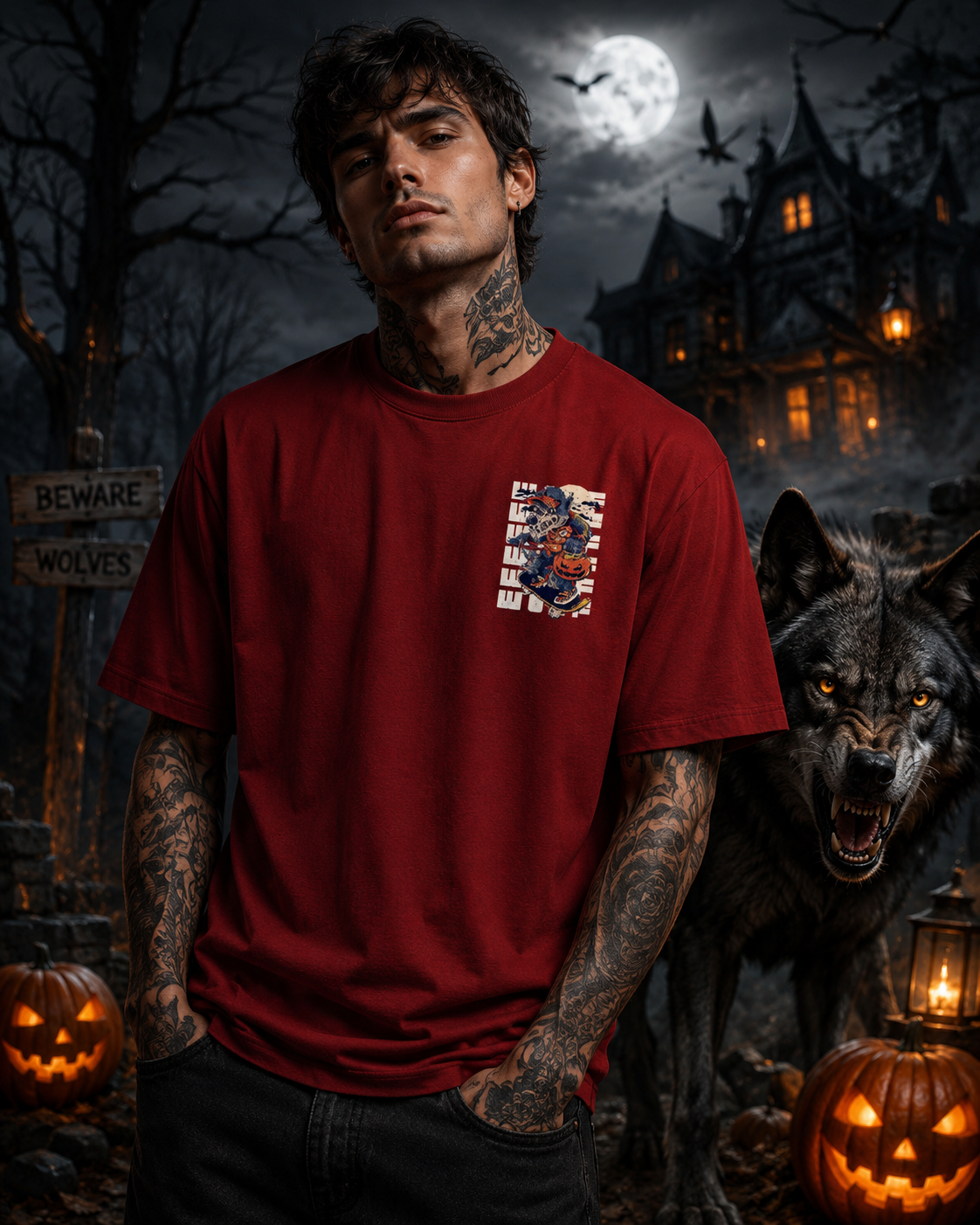 Laughing Halloween Wolf: Premium Oversized Graphic T-Shirt