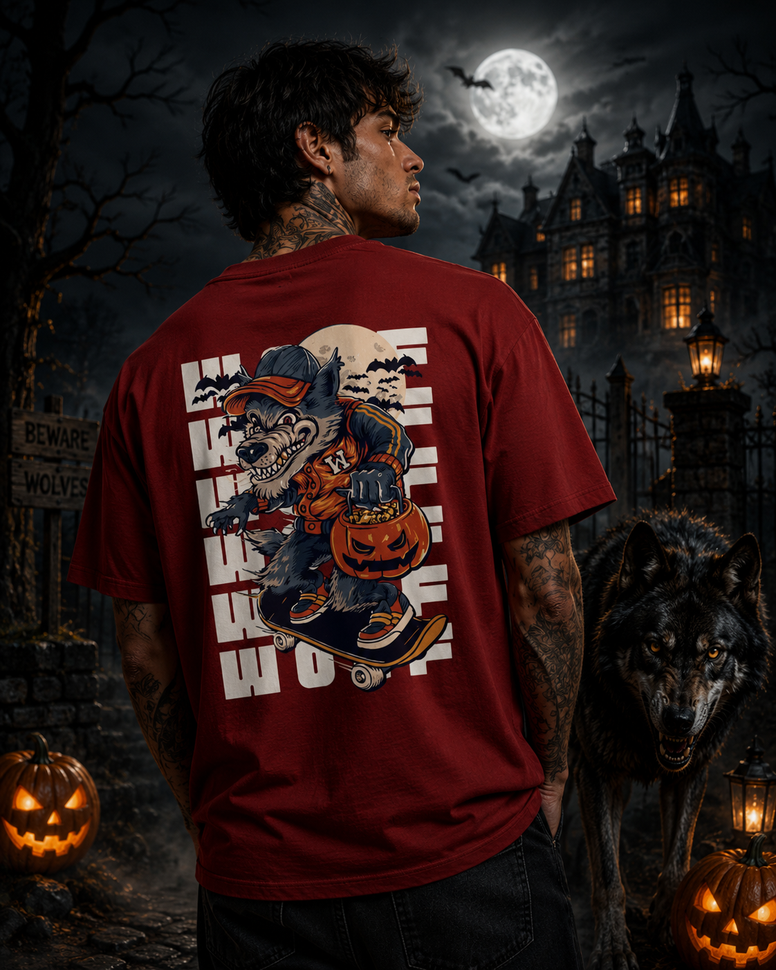 Laughing Halloween Wolf: Premium Oversized Graphic T-Shirt