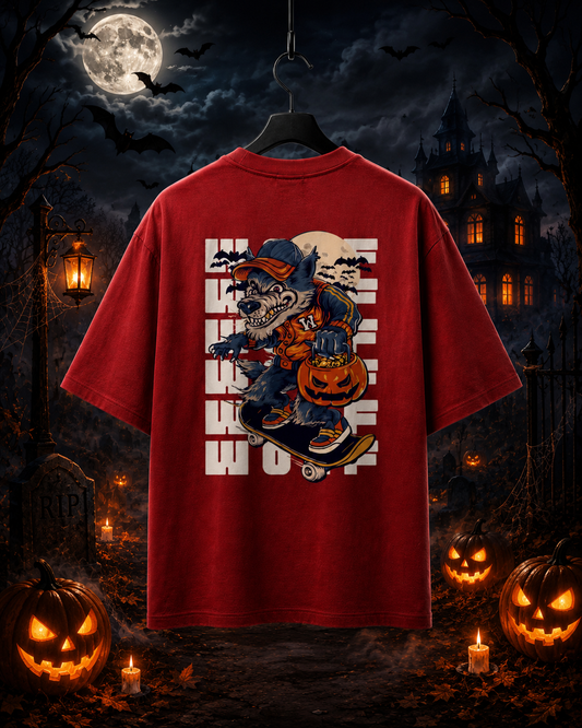 Laughing Halloween Wolf: Premium Unisex Oversized Graphic T-Shirt
