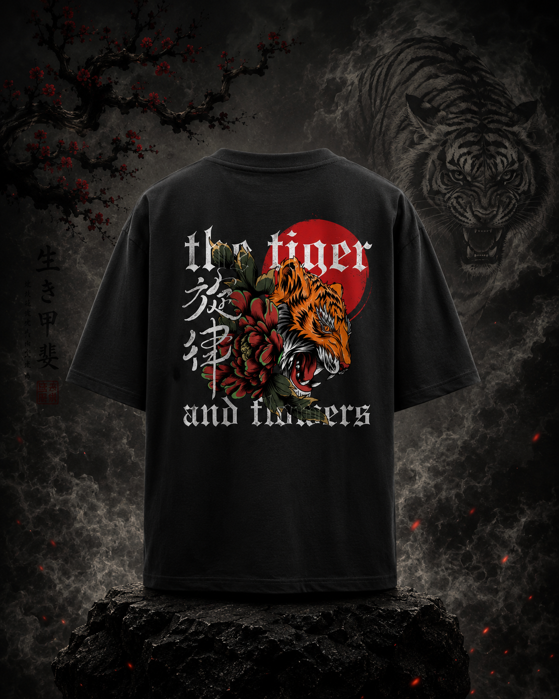 The Tiger and Flowers: Premium Unisex Graphic Oversized T-Shirt