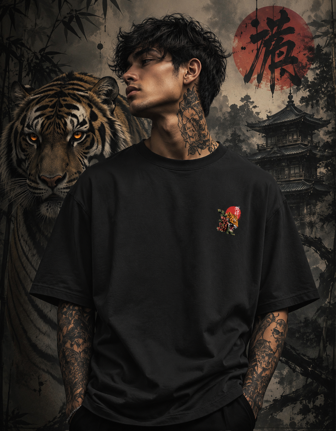 The Tiger and Flowers Graphic Oversized T-Shirt