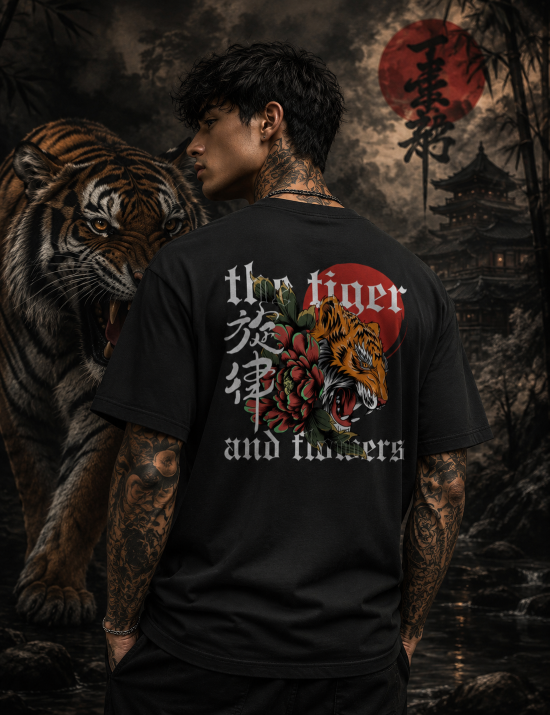 The Tiger and Flowers Graphic Oversized T-Shirt